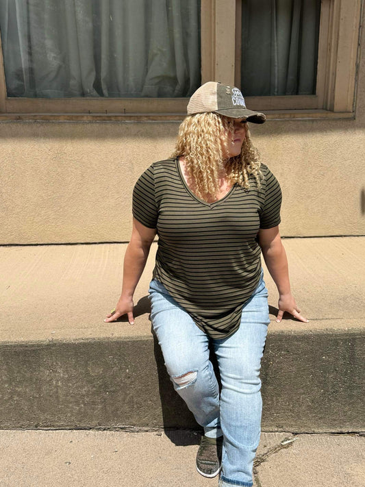 Black & Olive Plus Size Stripe V Neck Tee