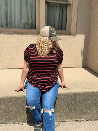 Red and Black Stripe Plus Size Top