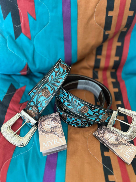 Myra Turquoise Hand Tooled Leather Belt S-2927