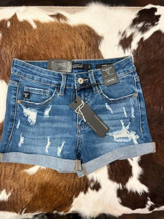 Lucky & Blessed Girls Distressed Cuffed Shorts