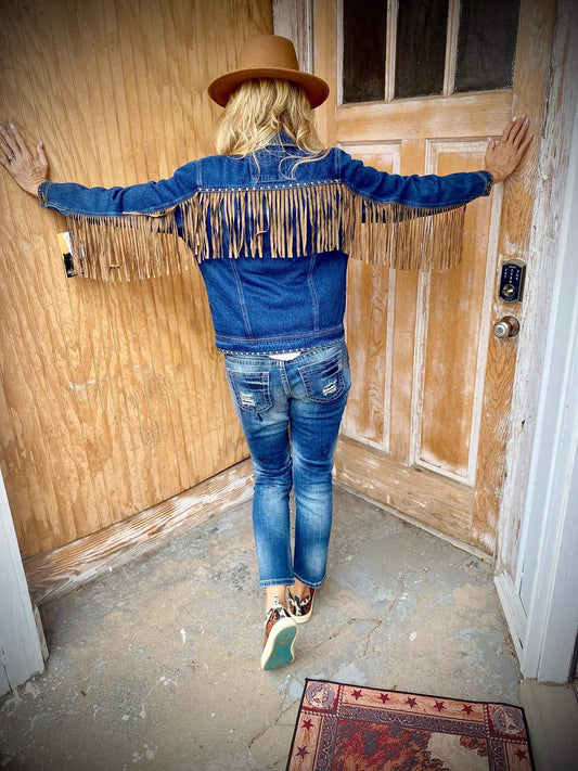 Yellowstone Fringe Denim Jacket in Dark Wash