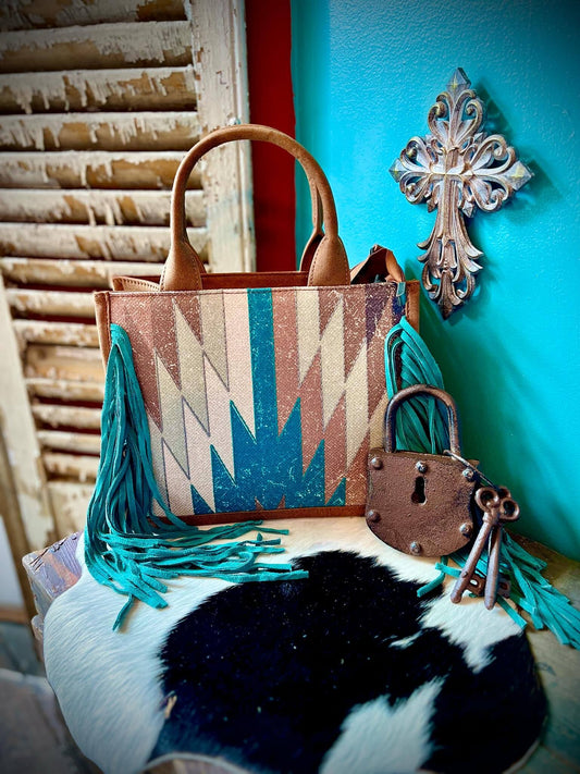 Montana West Aztec Print Fringe Conceal Carry Tote Crossbody Turquoise MW1290-8899TQ