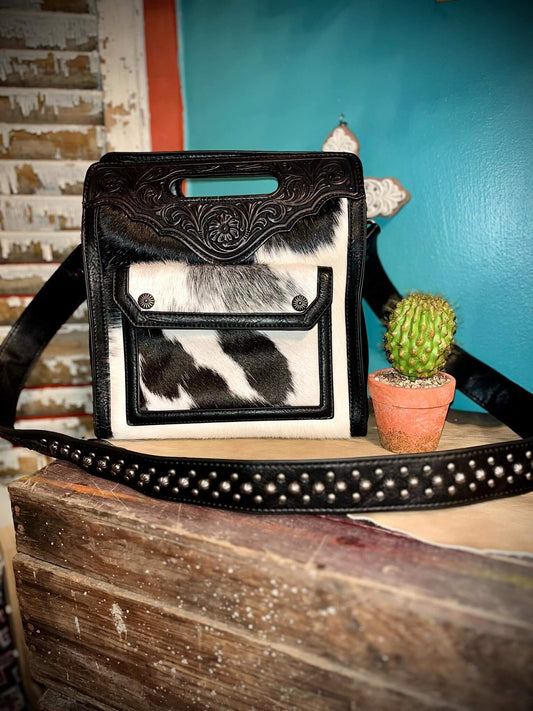 Trinity Ranch Hair On Cowhide Floral Tooled Conceal Carry Crossbody Bag - Black TR173G-9360BK