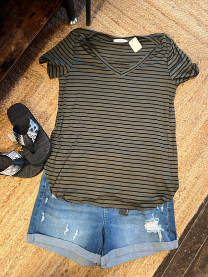 Black & Olive Plus Size Stripe V Neck Tee